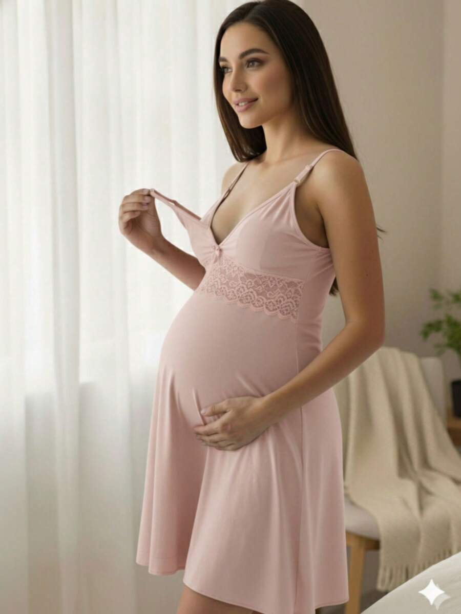Camisola Amamentação com Detalhe em Renda Pós-parto Conforto Maternidade.