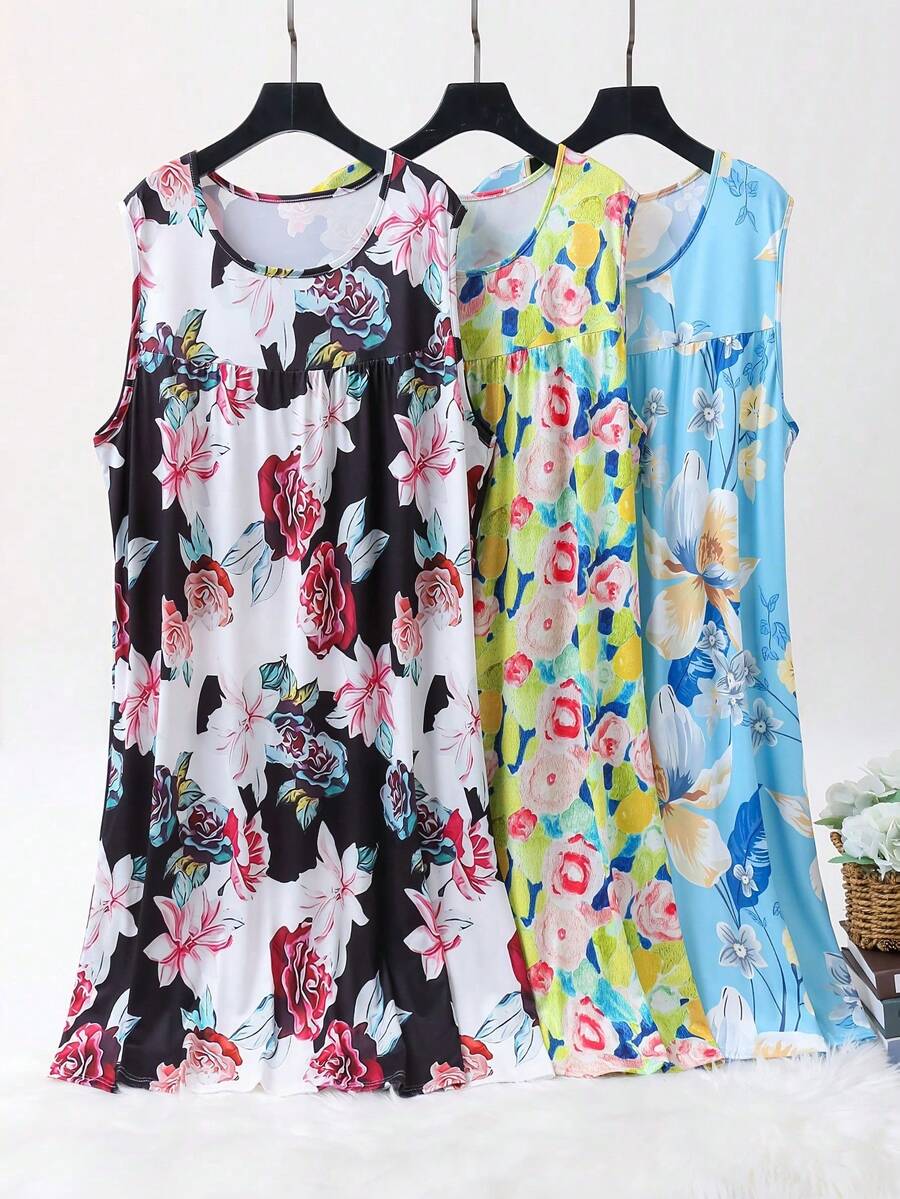 3pcs Women's Plus Size Sleeveless Pajamas-Elegant Prints, Soft Elastic Fabrics, Loose Ruffled Pajamas And Pajamas, Machine Washable, Comfortable In All Seasons, Comfortable Home Clothes, Vibrant Printed Pajamas, And Easy-To-Care Materials.
