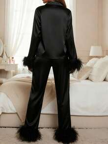 Women Feather Trim Pajamas Satin 2 Piece Long Sleeve Button Down Sleepwear Bridal Shirt And Pants Lounge Set - 黑色 - 查看 3
