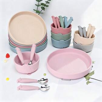 4pcs Kids Silicone Feeding Bowl Set, Dinosaur Pattern, 304 Stainless Steel Spoon & Silicone Plate Set With Suction Cup, Suitable For Babies And Families, Heat Resistant, Easy To Clean, Microwave And Dishwasher