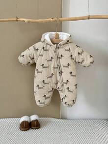 Newborn Baby Boy Cartoon Dog Print Zip-Up Hooded Jumpsuit, Thick & Warm For Winter - Ginger - View 6