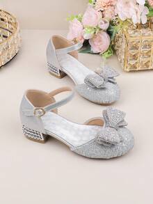 Wedding Party Evening Sweet Cute Flower Girl Girls Shoes Suitable For Big Medium Small Girls Children Shoes Baby Shoes Versatile Shoes Girls Fashion Silver Simple Bow Knot Four Seasons Holiday Elegant High Heel Thick Heel Shoes Formal Dress Performance Shoes Dance Mary Jane Princess Shoes Hollow Shoes - Silver - View 2