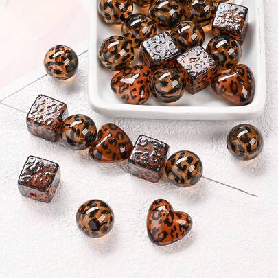 10 stuks modieuze bruine acrylkralen met luipaardprint - ronde/hartvormige/vierkante tijgerstreepkralen met luipaardpatroon, doe-het-zelf sieraden maken armbanden kettingen sleutelhangers telefoonhangers tasaccessoires knutselspullen