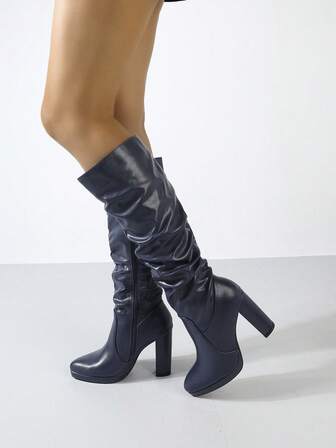 Women's Winter Boots, Elegant Ladies Knee-High Boots, Navy Blue Boots, Over-The-Knee Boots, Denim Boots, Platform Thick Bottom Boots, Wedding Shoes, Winter Boots, Women's Boots, Chunky Heel Boots, Super High Heel Tall Boots, Random Wrinkle Pattern
