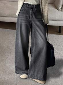 Quần jeans ống đứng phong cách đường phố với túi xéo, lớp lót lông cừu dày, cạp thấp, ấm áp cho mùa thu/đông, lễ hội âm nhạc Y2K và Giáng sinh. - Xám - Xem 3