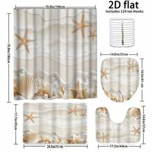1/4 piezas Cortina de ducha de poliéster de alta calidad con impresión, diseño moderno de estrellas de mar y conchas, resistente al agua y duradera, incluye ganchos y forro, adecuada para la decoración del baño - multicolor - Ver 4