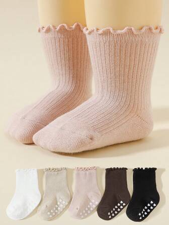 5 Pairs Baby Socks With Ruffle Trim, Non-Slip Dots, Comfortable Mid-Calf Socks For Infants, Suitable For Spring, Autumn, All Seasons