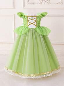 Young Girls Purple Sequin Cap Sleeve Mesh Princess Dress, Suitable For Parties - Green - View 2