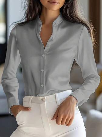 Camisa blanca de manga larga de satén elegante para mujer - Versátil blusa abotonada de unicolor para ir al trabajo, cuello clásico, tela suave y lisa, material de satén no transparente, lavable a máquina y en seco, adecuada para oficina, casual y ocasiones formales, estilo de alta gama, tela de fácil cuidado, apta para primavera, verano, otoño e invierno