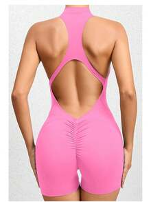 Sexy Backless Butt Lifting Jumpsuit For Women – Tight Bodycon One-Piece Yoga Romper, Stretchy Slimming Activewear Bodysuit - Hồng - Xem 2