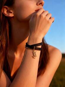 Yves Saint Laurent 1pc Women's Fashion Double-Layer Black Leather Bracelet With Letter Pendant Decor, Romantic Jewelry For Valentine's Day - Black - View 7