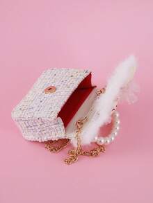 1pc Cartoon Rabbit & Fluffy Lace Pearl Decor PU Felt Material Flap Closure Chain Strap Casual Beaded Handbag, Crossbody Bag For Snacks & Coins, Suitable For Birthday Gift & Daily Use, Teens - Wool Lace - Rabbit - View 7