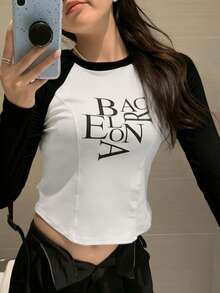 Camiseta casual de bloques de color con patchwork y estampado de letras para primavera/otoño - Blanco y Negro - Ver 5