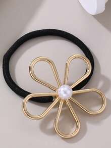 1pc/3pcs Women Metallic Five Petal Flower & Faux Pearl Hair Scrunchies, Fashion Luxury Hair Accessories, Suitable For Summer Beach Vacation Hair Ties Ponytail Holders Hair Elastics Hair Rope,Luxury Glam Hair Accessories For Women,Valentine's Day Gifts