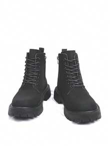 男士秋季皮靴，防水高帮黑色皮鞋，复古休闲英伦风登山工作靴 - 黑色 - 查看 7