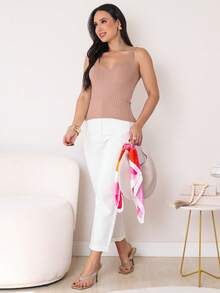 Women's Basic Ribbed Modal Knit Tank Top With Wide Straps, Casual Knit Summer Blouse - Beige - View 3