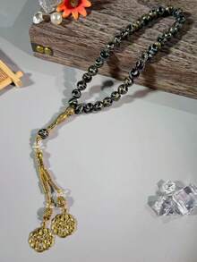 定制玻璃珠金色双流苏念珠，男女皆宜佩戴，沙特阿拉伯银色单流苏吊坠，33颗高品质念珠手链，穆斯林念珠，中东手链，奢华时尚男女通用手链，用于礼拜祈祷，节日礼物 - 彩色 - 查看 2