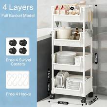 Rolling Cart With Wheels, Plastic Utility Storage Trolley With Hooks, Multi-Functional Mobile Bookshelf Rolling Bookcase, Movable Storage Organizer For Office, Kitchen, Bathroom, Laundry - 四層 - 查看 6