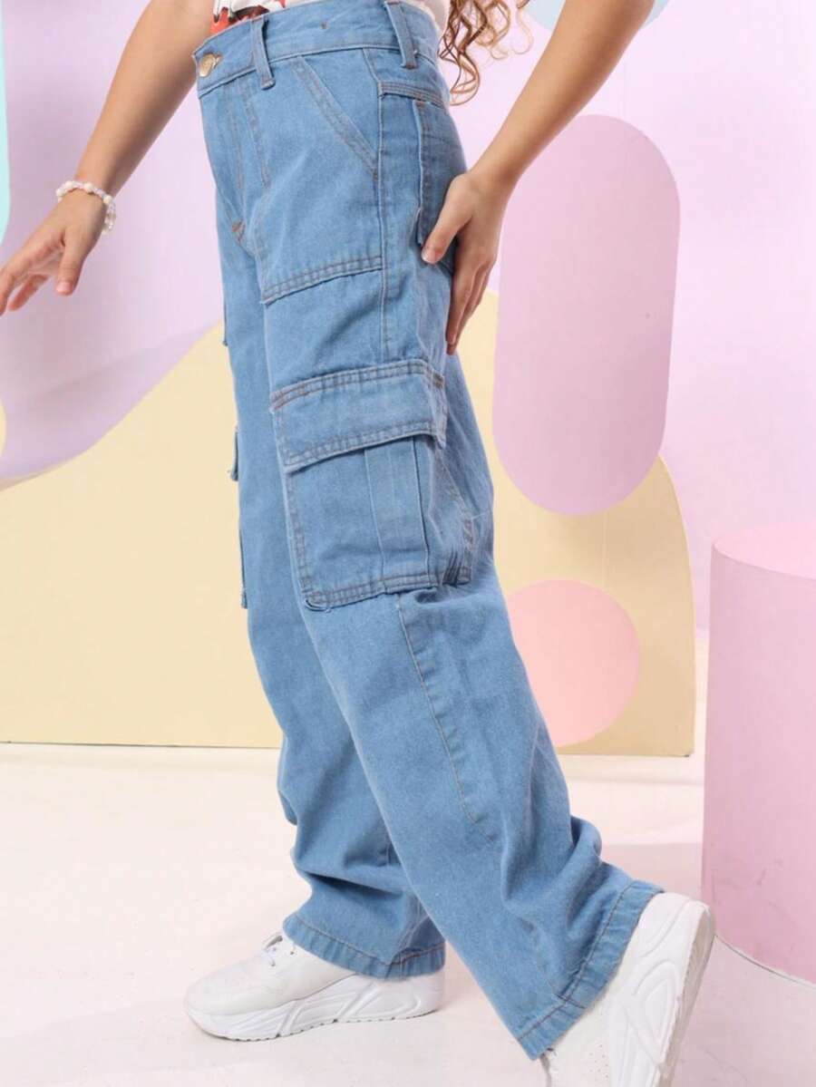 Girls' Wide Leg Cargo Jeans With Pockets - 中等水洗藍 - 查看 1