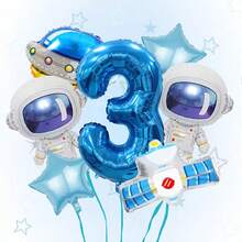 7pcs Astronaut Balloon Decoration Set - For Birthday, Party, Space Theme Decor - Includes 32inch Blue Number 1,2,3,4,5,6 Balloons, Suitable For 1st Birthday - No Power Required To Float - Fit For Boys Astronomy Party - All Season Celebration Decor, Space Themed Design, Balloons - Blue - View 14