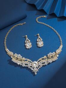 3pcs/Set Exquisite High-End Zinc Alloy Inlaid Crystal Necklaces And Earring Sets, Multifunctional Style, Suitable For Women's Daily Wear, Weddings, Parties, Festivals, Vacation Gifts - Golden - View 2