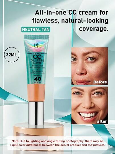  IT Cosmetics CC霜（无油哑光，SPF 40，中性米色）32毫升/1.08盎司 | 全效遮瑕，无油配方，哑光妆效，SPF 40防晒 | 轻盈质地，可叠加涂抹，均匀肤色，遮盖瑕疵 | 蕴含透明质酸和抗氧化剂等保湿成分，打造光滑无瑕的肌肤