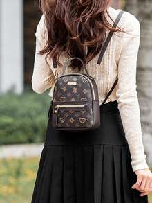 1 Mini Printed Metal Decor Backpack, 1 Mini Retro Bookbag, Suitable For Travel And Shopping, Back To School - Coffee Brown - View 4