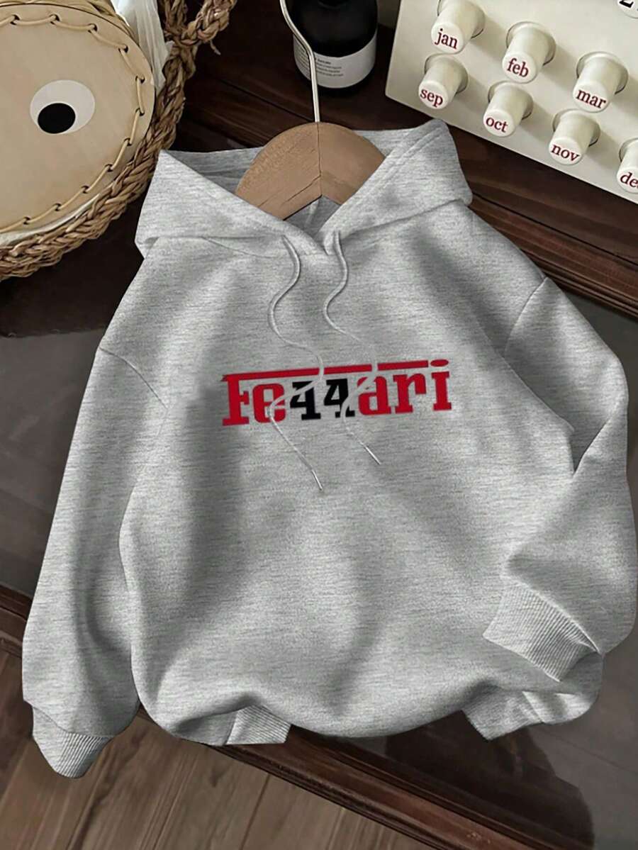 Casual Hoodie With Circular Design, Letter Print And Adjustable Drawstring - Gris - View 1