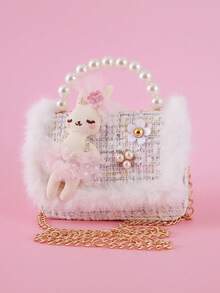 1pc Cartoon Rabbit & Fluffy Lace Pearl Decor PU Felt Material Flap Closure Chain Strap Casual Beaded Handbag, Crossbody Bag For Snacks & Coins, Suitable For Birthday Gift & Daily Use, Teens - Wool Lace - Rabbit - View 11