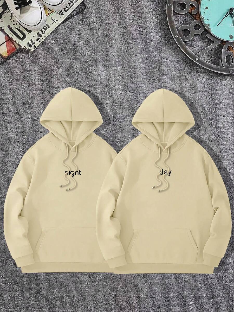 Couple Print Sweatshirt With Kangaroo Pocket And Drawstring - 杏色 - View 1