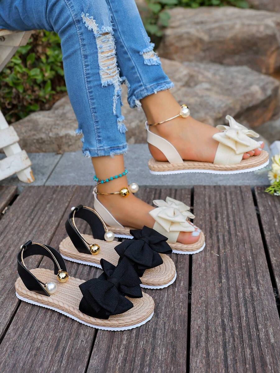 蝴蝶结花朵装饰女士沙滩凉鞋，甜美仙女风，百搭，防滑软底，夏季海滩度假