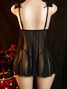 Ladies' Underwear Set, Sexy Knitted Fabric, Solid Color, With Pants, Ladies, Valentine's Day. - 黑色 - 查看 2