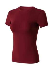 Women's Solid Color Short Sleeve Crew Neck Crop Slim-Fit Top T-Shirt In Burgundy Christmas New Year Thanksgiving - Red - View 3