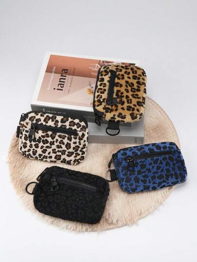 1 pieza Bolso multifuncional de estilo casual con estampado de leopardo para uso al aire libre, puede almacenar audífonos deportivos, llaves, tarjetero, monedero, billetera pequeña, monedero, llavero, monedero para mujer