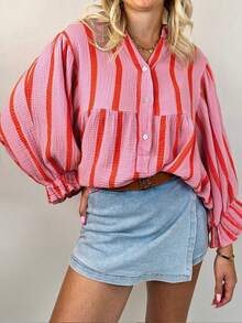 Blusa suelta de mujer a rayas, elegante camisa casual con mangas largas y borde de volantes, adecuada para ir al trabajo, uso diario, citas y salidas en primavera/verano - Rosa - Ver 6