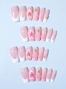 24pcs 3D Gel Nail Stickers, Pearl & Metal Bead Decor, Square French Tip, Perfect Fit, Acrylic False Nail Set, Includes: 1pc Jelly Gel & 1pc Nail File, Easy To Wear. This 3D Floral Gel Nail French Tip Stickers Suitable For Women's Daily Work, Party, Etc. - Multicolor - View 4