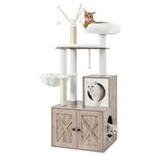 2-In-1 Modern Cat Tower, Cat Condo With Scratching Posts, Removable Pompom Sticks, Washable Cushions, Greige - Light Grey - View 9