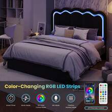 SHA CERLIN Estructura de cama tapizada de tamaño individual/doble/queen con luces LED, cabecero ajustable de terciopelo con diseño ondulado, sin ruido, plataforma de cama de listones de madera, fácil montaje, sin necesidad de caja de resortes, color negro - Negro - Ver 8