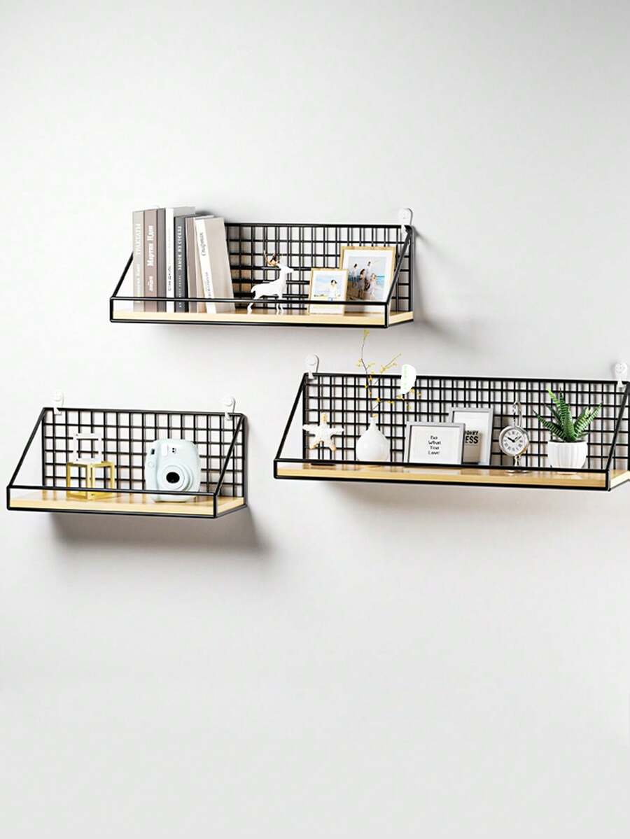 1个铁质壁挂式置物架，无需钻孔，床边收纳架，壁挂式整理架（带挂钩） - 新黑色 - 查看 1