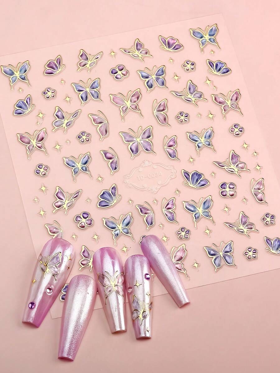 1片浮雕果冻美甲贴纸,5D激光金色蝴蝶美甲贴花,适合女士DIY美甲用品美甲贴纸 - 金色 - 查看 1