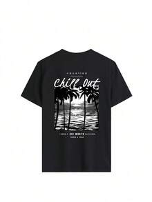 Women's Plus Size Spring/Summer Coconut Tree Beach Letter Print Casual Simple Loose Comfort Street Style Everyday Round Neck Short Sleeve Plus Size T-Shirt Tops - Black - View 2