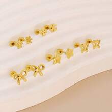 5对/套 不锈钢金色星星、花朵、蝴蝶结耳钉，螺旋耳针式，男女皆宜 - 幾何耳環 - 查看 7