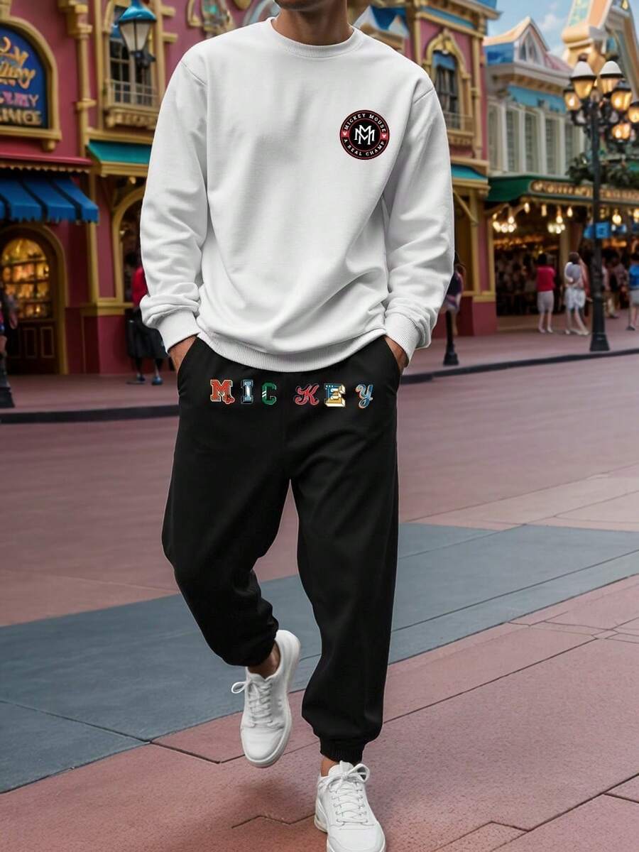 Disney Men's Mickey Mouse Print Sweatshirt And Sweatpants Set, Suitable For Casual Daily Wear, Weekend Outings, Hangouts With Friends, Traveling And Other Relaxed Social Activities. This Sweatsuit Set Is An Essential Versatile Piece In A Man's Wardrobe, And Makes A Great Gift For Boyfriends Or Husbands. - Black and White - View 1