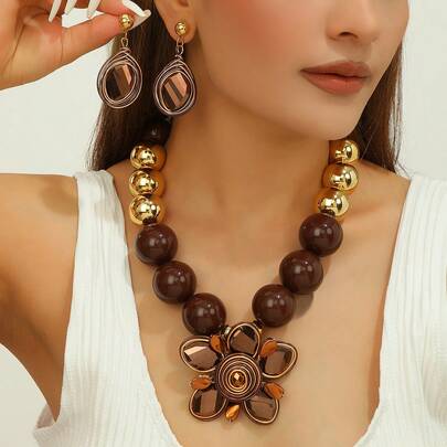 1 Set Exaggerated Multi-Layer Handmade Aluminum Wire Woven Beaded Resin Artificial Crystal Flower Shaped Vintage Chic Bohemian, European, American, African, Middle Eastern Style Necklace & Earrings Set, Suitable For Party, Holiday, Beach