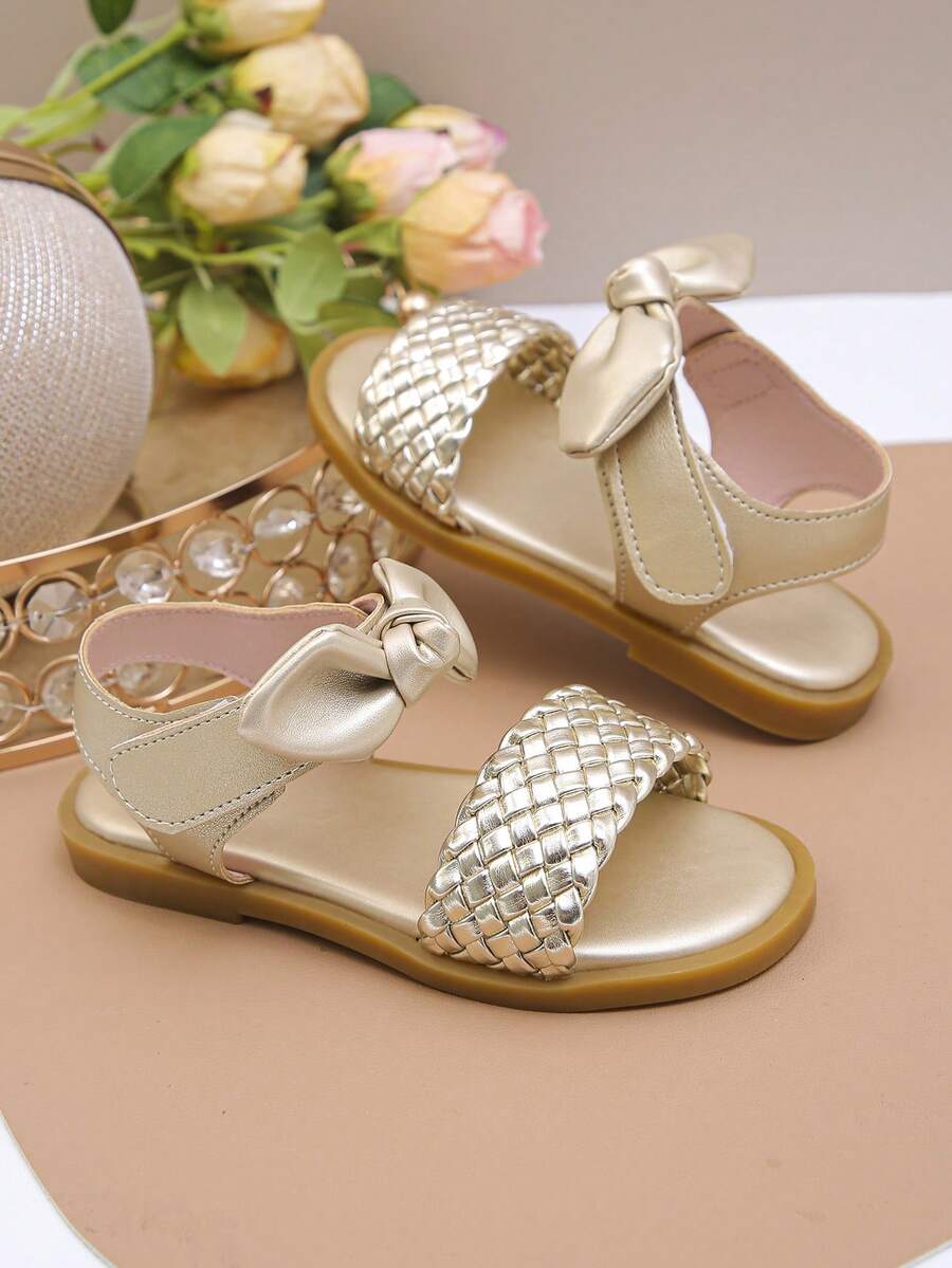 Modische, süße Kinder-Schleifen-Sandalen mit flachem Absatz, geeignet für den Urlaub - Gold - Übersicht 1