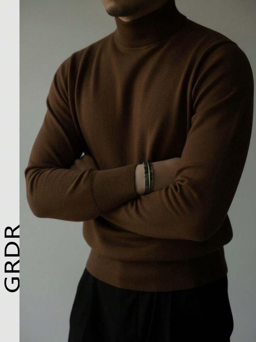 GRDR Men's Regular Shoulder Long Sleeve High Neck Sweater, Versatile For Daily Wear Knitted Pullover - Brown - View 1