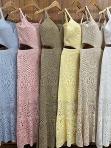 Women's Midi Dress, Knit With Lace, Party, Beach, Sophisticated, New Year's Eve, Christmas, Vacation, Beach, Wedding, Bridesmaid - 奶油黃 - 查看 10