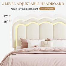 SHA CERLIN Cama tapizada de tamaño individual/doble/queen con luces LED, cabecero de terciopelo ajustable con diseño ondulado, sin ruido, plataforma de cama de listones de madera, fácil montaje, sin necesidad de caja de resortes, color crema - Crema - Ver 3