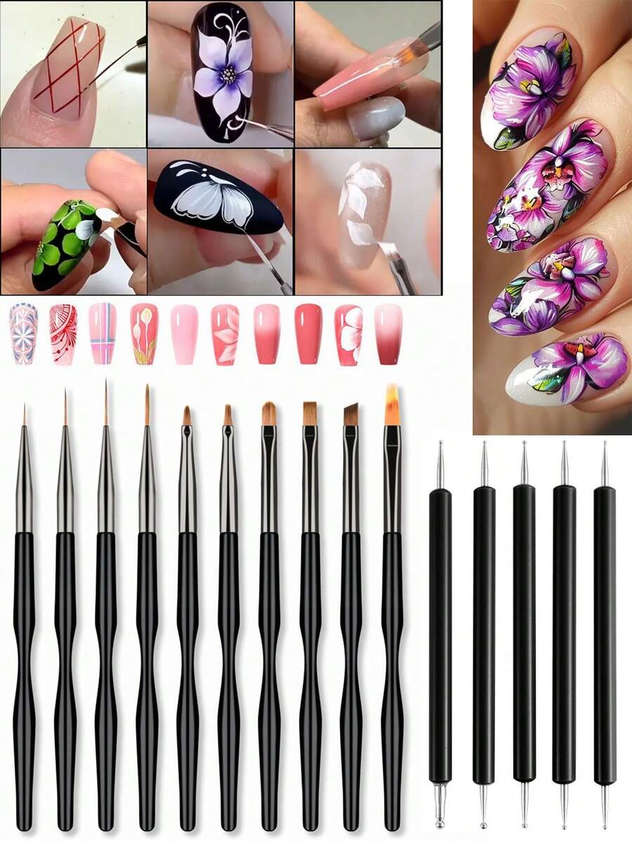 15/10pcs Professional Nail Art Brush Set, Gradient Tie Dye Dotting Pen - Multicolor - View 1