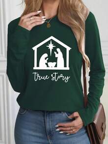 New Women's Sweatshirt Christian Long Sleeve T-Shirt For Women - Nativity Scene With Jesus, Letters "True Story" - Ecclesiastical Events, Christmas, Daily Spiritual Clothing - Casual Round Neck Machine Washable Top - Religious And Believer Gift In Women's Fashion Loose And Comfortable - màu đen - Xem 9